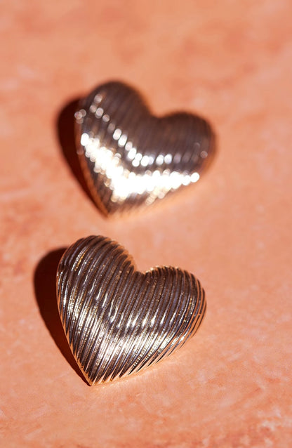 Gold Ribbed Heart Lightweight Earring Studs