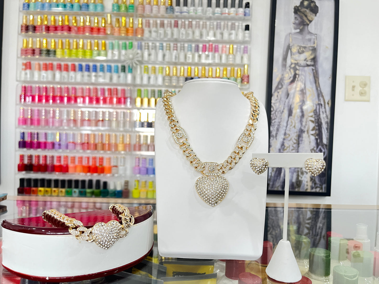 Gold Gilled Stone Filled Heart Set